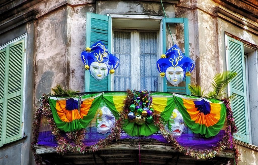 Carnival decorated balcony in New Orleans for the Mardi Gras Carnival in Fat Tuesday