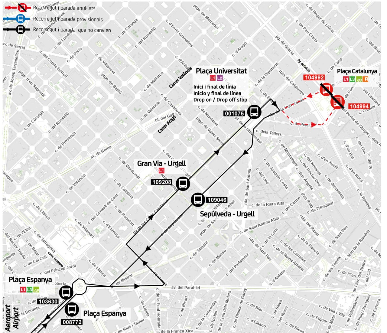 Mapa recorrido alternativo Catalunya anulada, inicio y final Pl. Universidad