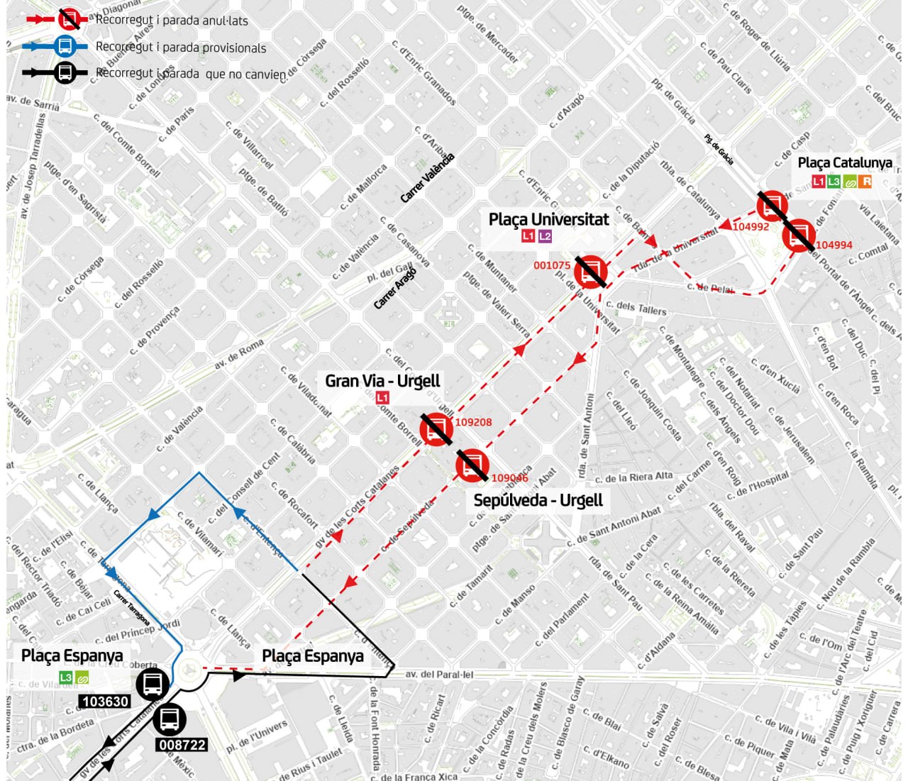Mapa recorrido alternativo única parada en Pl. Espanya